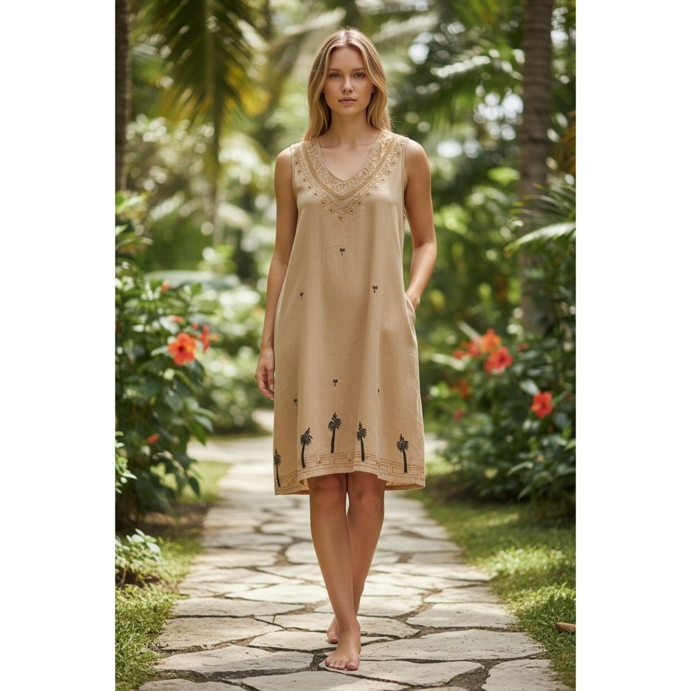 Indian Tropical Fashion Embroidered Palm Tree Dress XXL Tan Rayon Knee Length